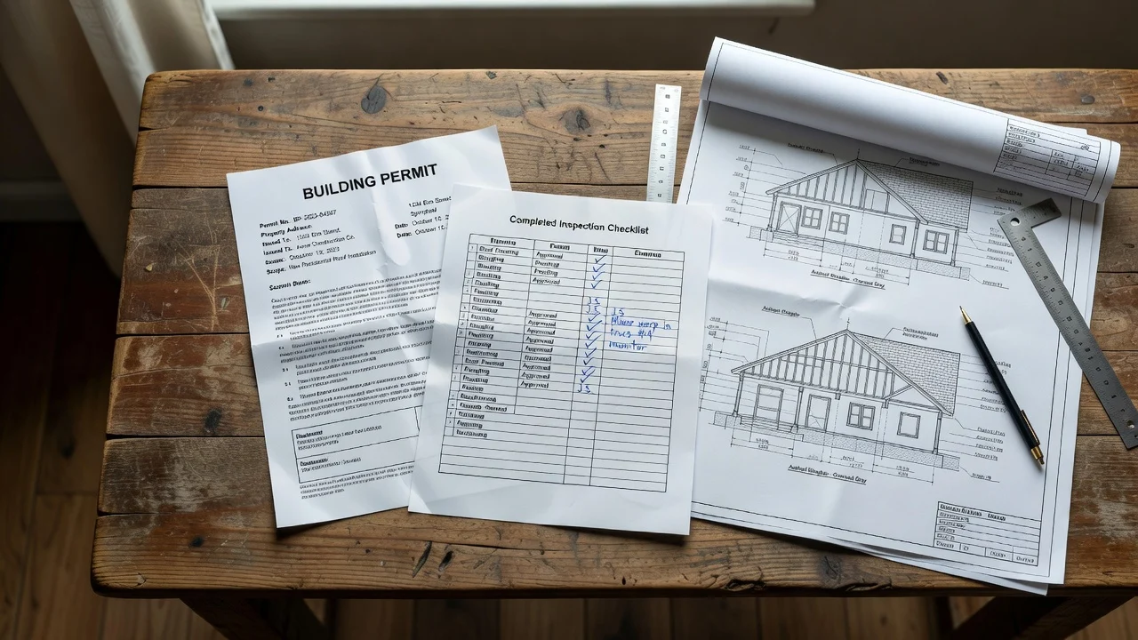 A building permit document and inspection checklist laid on a table beside roofing blueprints