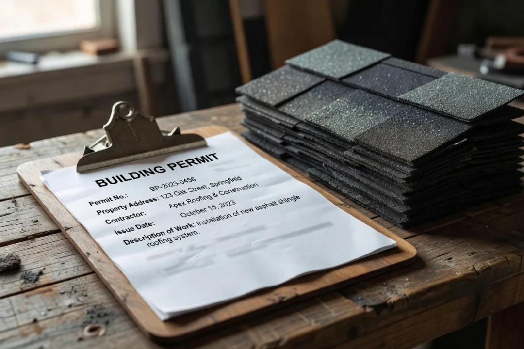 A close-up of a building permit document sitting on a clipboard next to roofing shingles