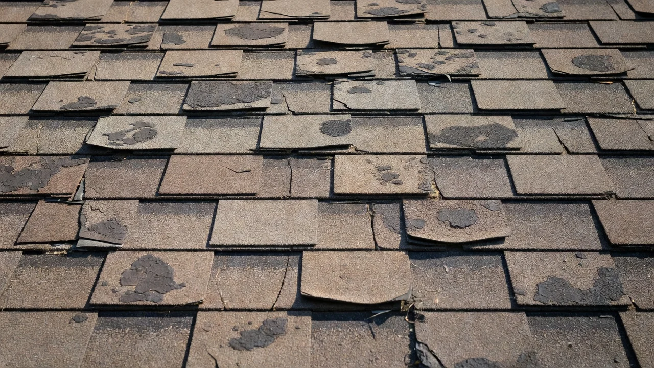 A close-up photo of a weathered asphalt shingle roof showing curled edges and bare, granule-stripped patches.