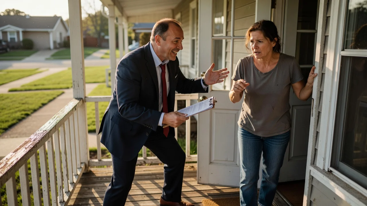 A door-to-door salesman with a clipboard pressuring a worried homeowner on a front porch