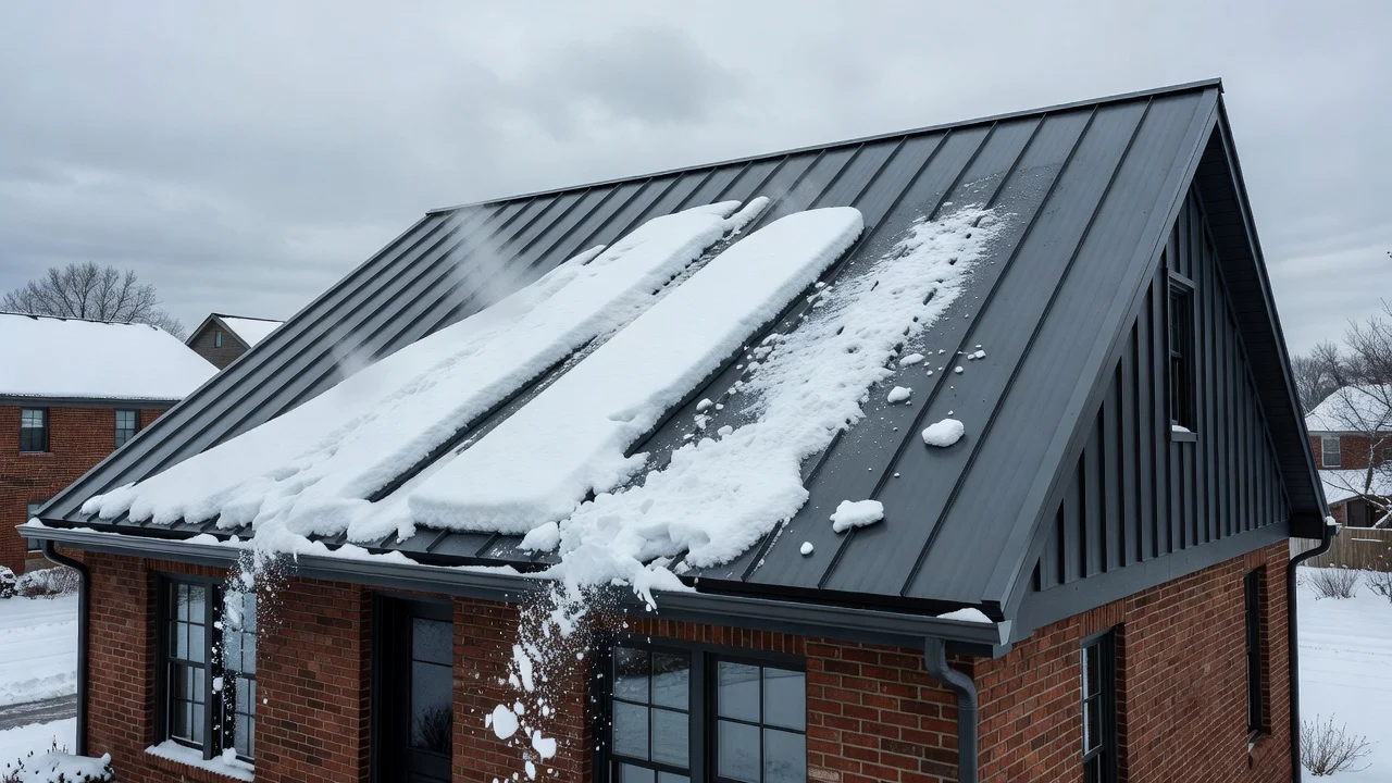 A finished standing-seam metal roof on a Michigan home with snow sliding off the panels