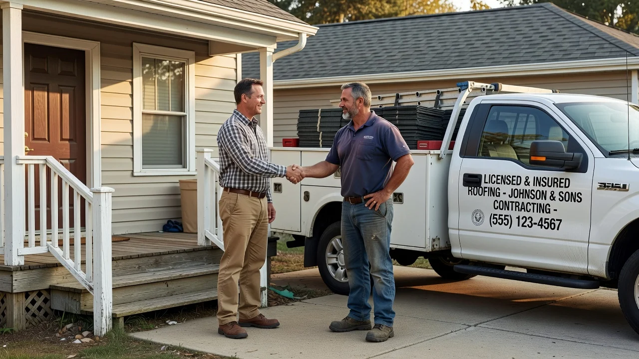 A homeowner and a roofing contractor shaking hands on a porch with a licensed truck parked in the driveway.