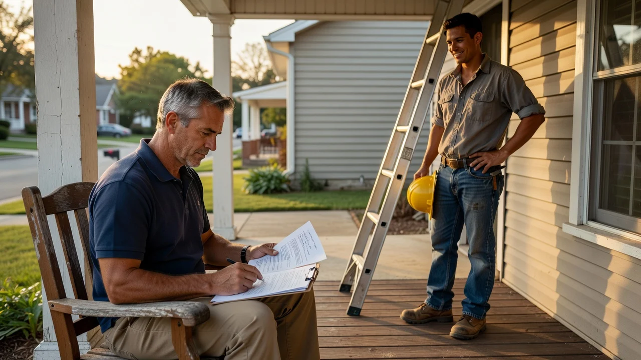 A homeowner on a front porch reviews a checklist and contract while a roofer stands nearby with a ladder against the house.
