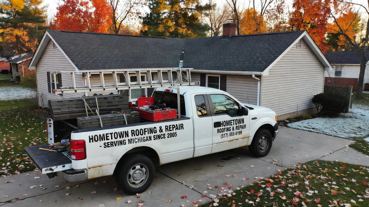 A local roofing crew truck parked in a residential Michigan driveway with a finished roof in the background