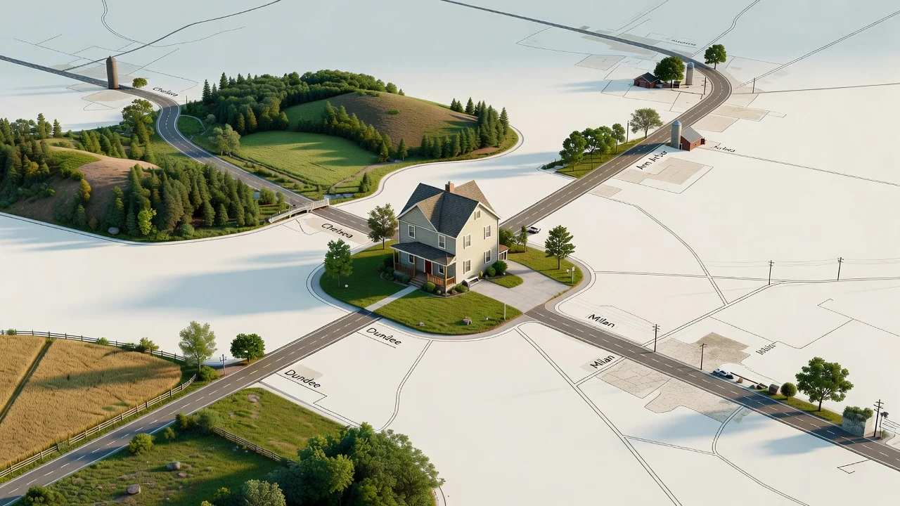 A map-style graphic showing a Saline, Michigan home at the center with roads leading to nearby towns