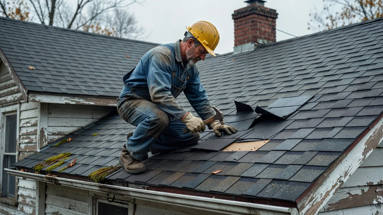 A roofer patches a small section of curling shingles on an older Michigan home's roof