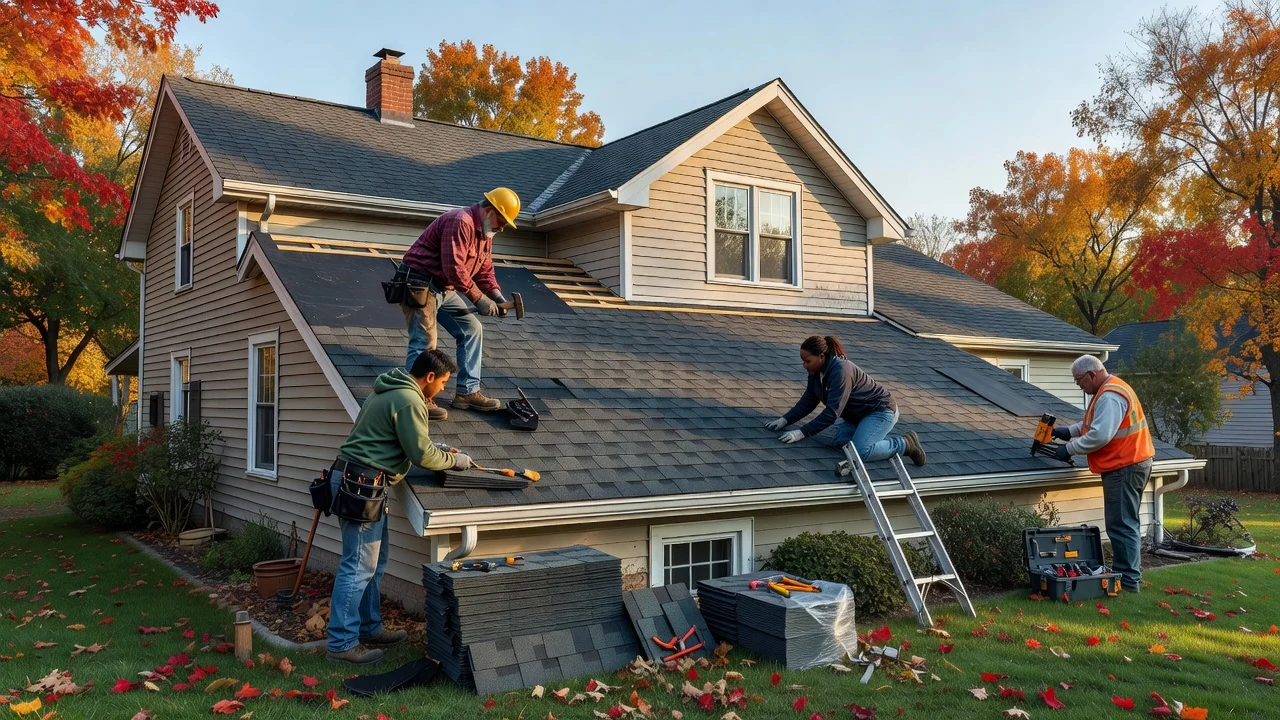 A roofing crew installs new asphalt shingles on a Southeast Michigan home under a crisp autumn sky.