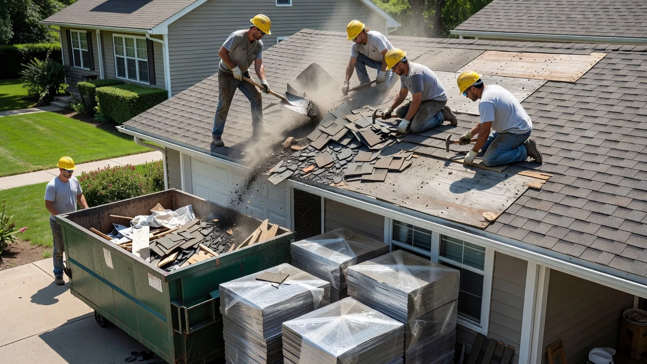 A roofing crew works on a sunny suburban rooftop mid-tear-off, with a dumpster and shingle bundles staged in the