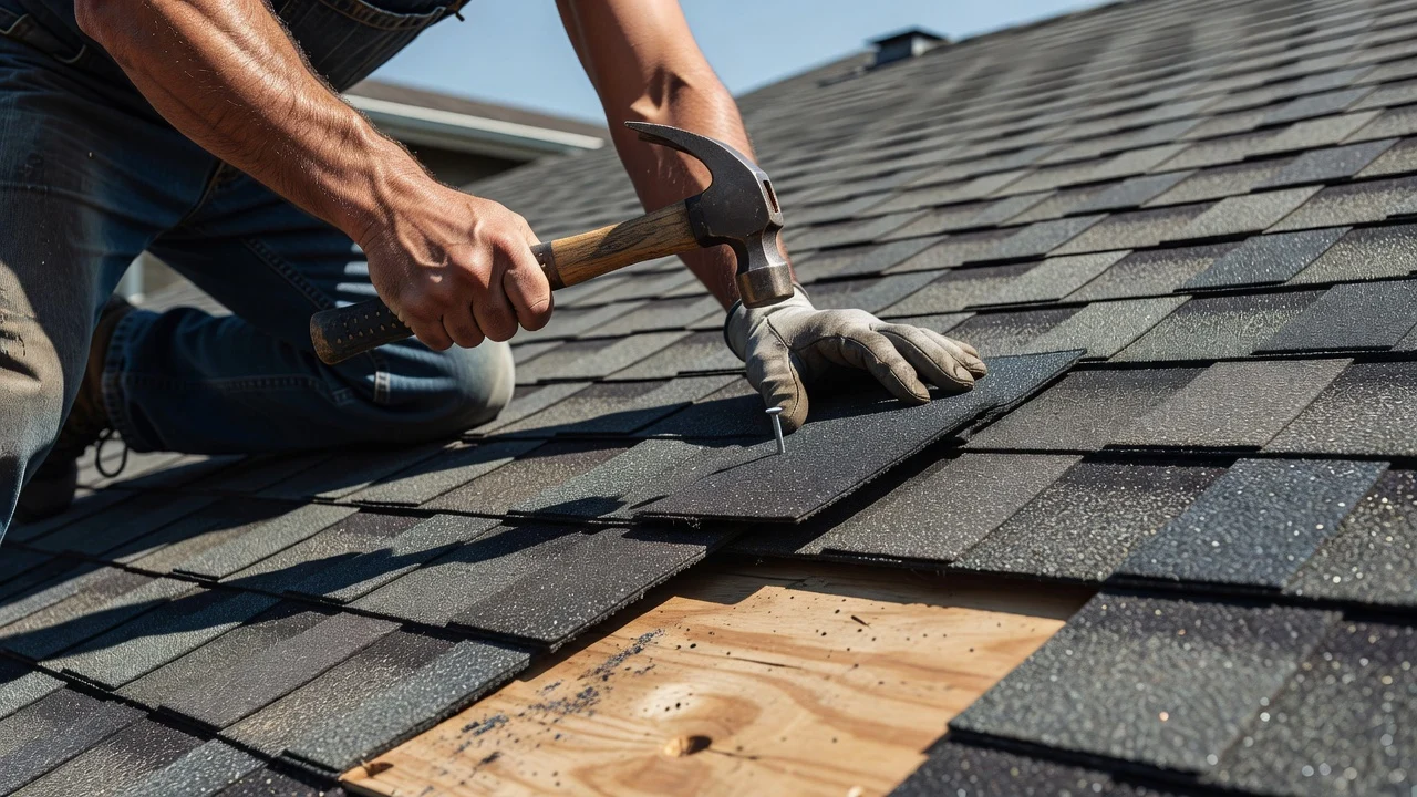 Close-up of a roofer nailing dark gray architectural asphalt shingles onto a residential roof deck
