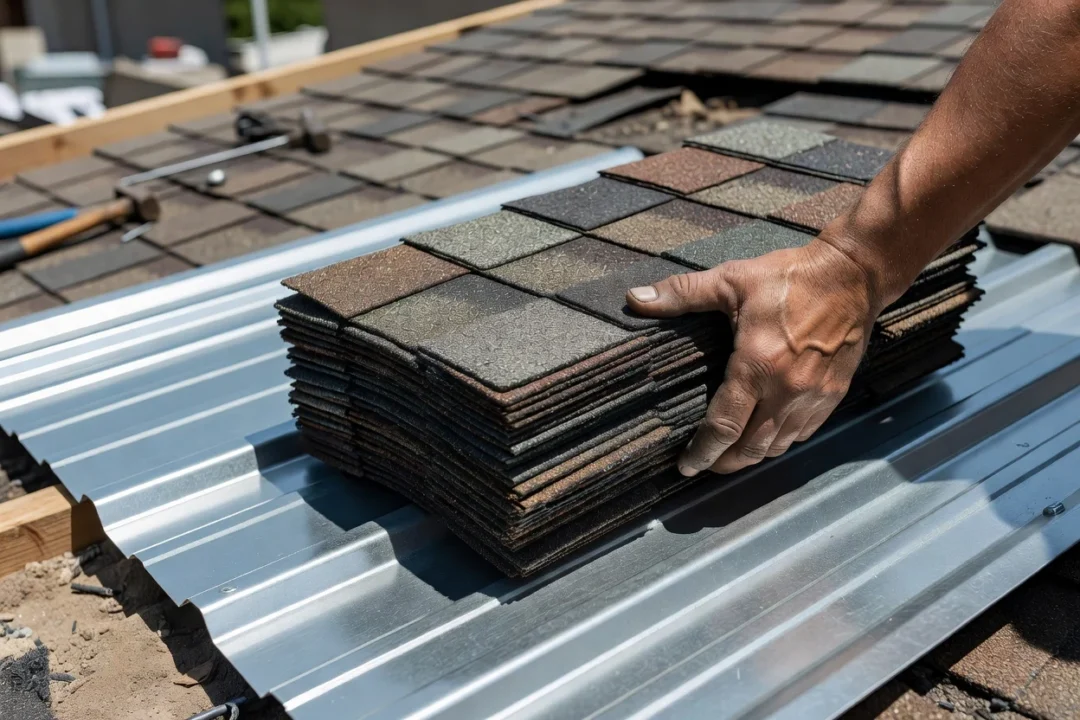 Close-up of a roofer's hand holding an asphalt shingle bundle next to a metal roofing panel