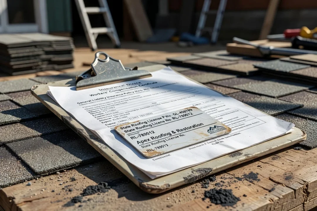 Close-up of a roofing contractor's clipboard showing a license card and insurance certificate