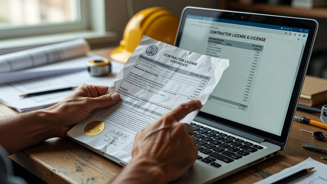 Close-up of hands checking a contractor license certificate against a laptop screen