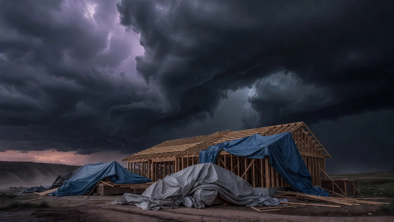 Dark storm clouds rolling in over a partially completed roof with tarps staged nearby