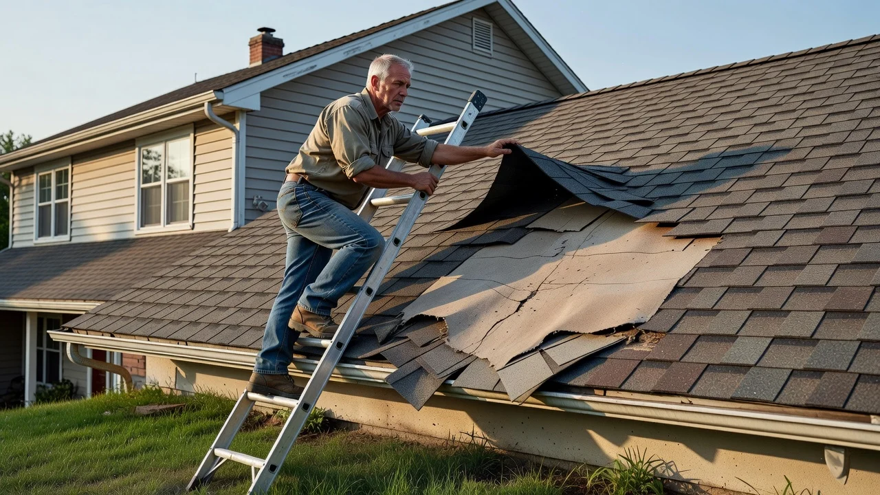 Homeowner on a ladder inspecting curled shingles and a sagging patch on a residential roof