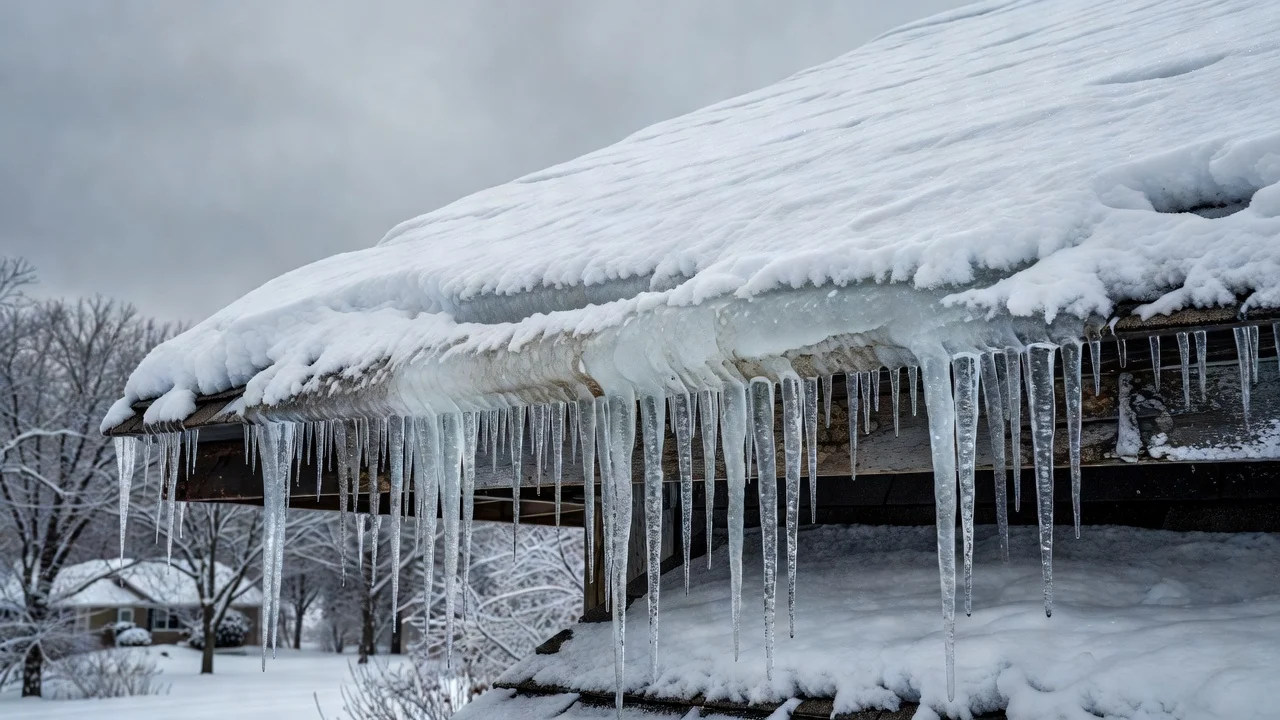 Icicles and an ice dam forming along the edge of a snowy Michigan roofline