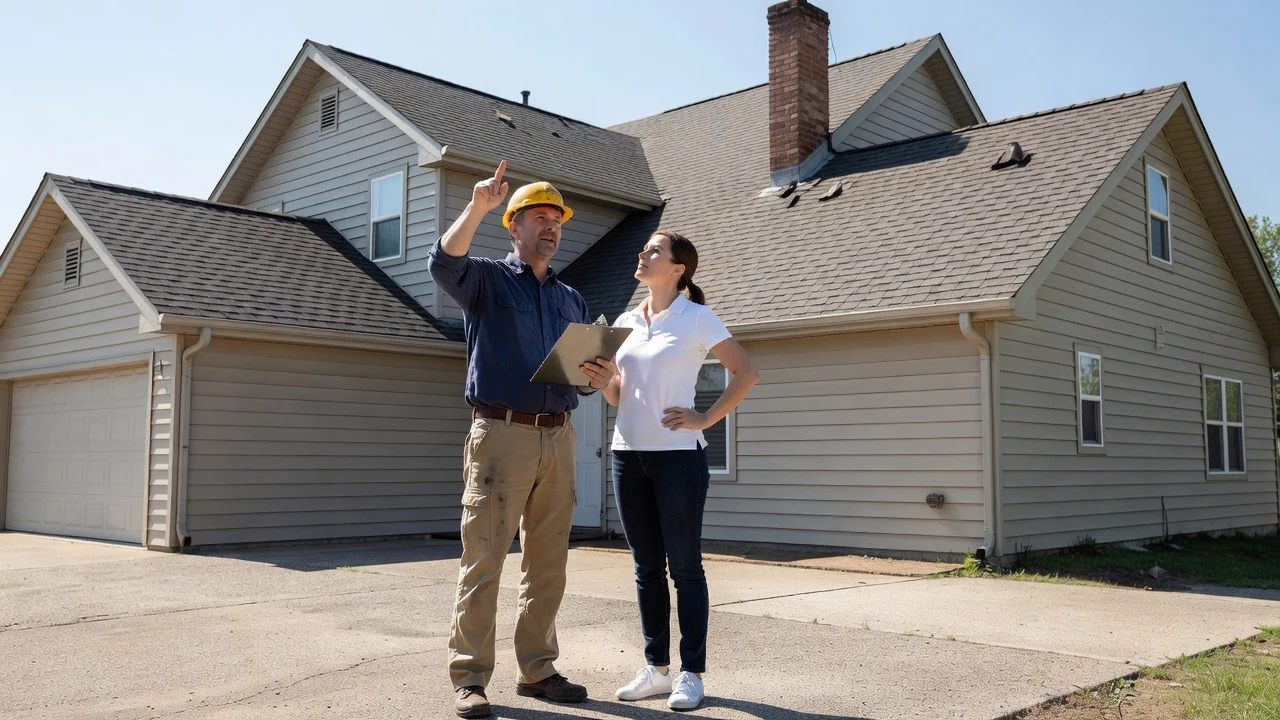 Roofer and homeowner standing on a driveway looking up at a roof and discussing notes on a clipboard