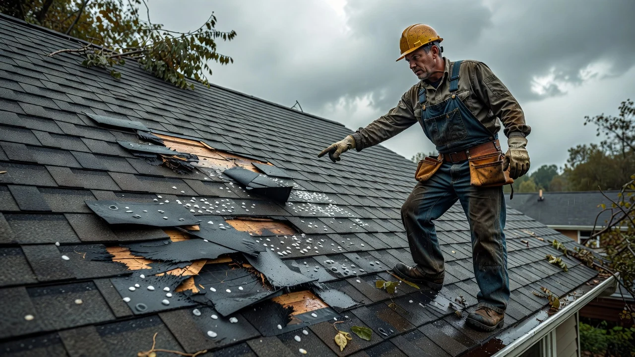 Roofer pointing out hail dents and torn shingles on a roof section after a storm