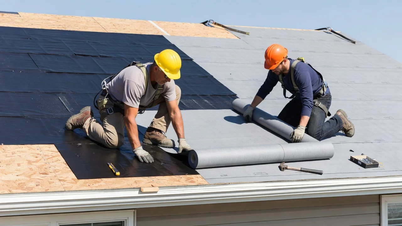 Roofers installing underlayment and ice and water shield near the eaves of a house mid-project