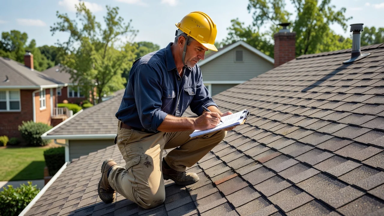 Roofing contractor with a clipboard inspecting shingles and taking notes during a roof evaluation