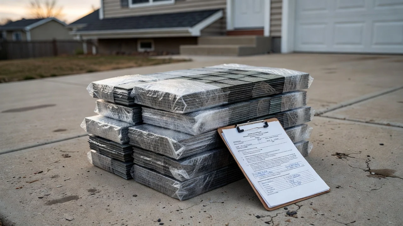 Stack of shingle bundles and a permit paperwork clipboard sitting on a driveway before work begins