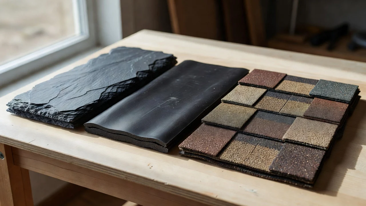 A row of roofing material samples including slate tile, rubber membrane, and shingles laid out for comparison