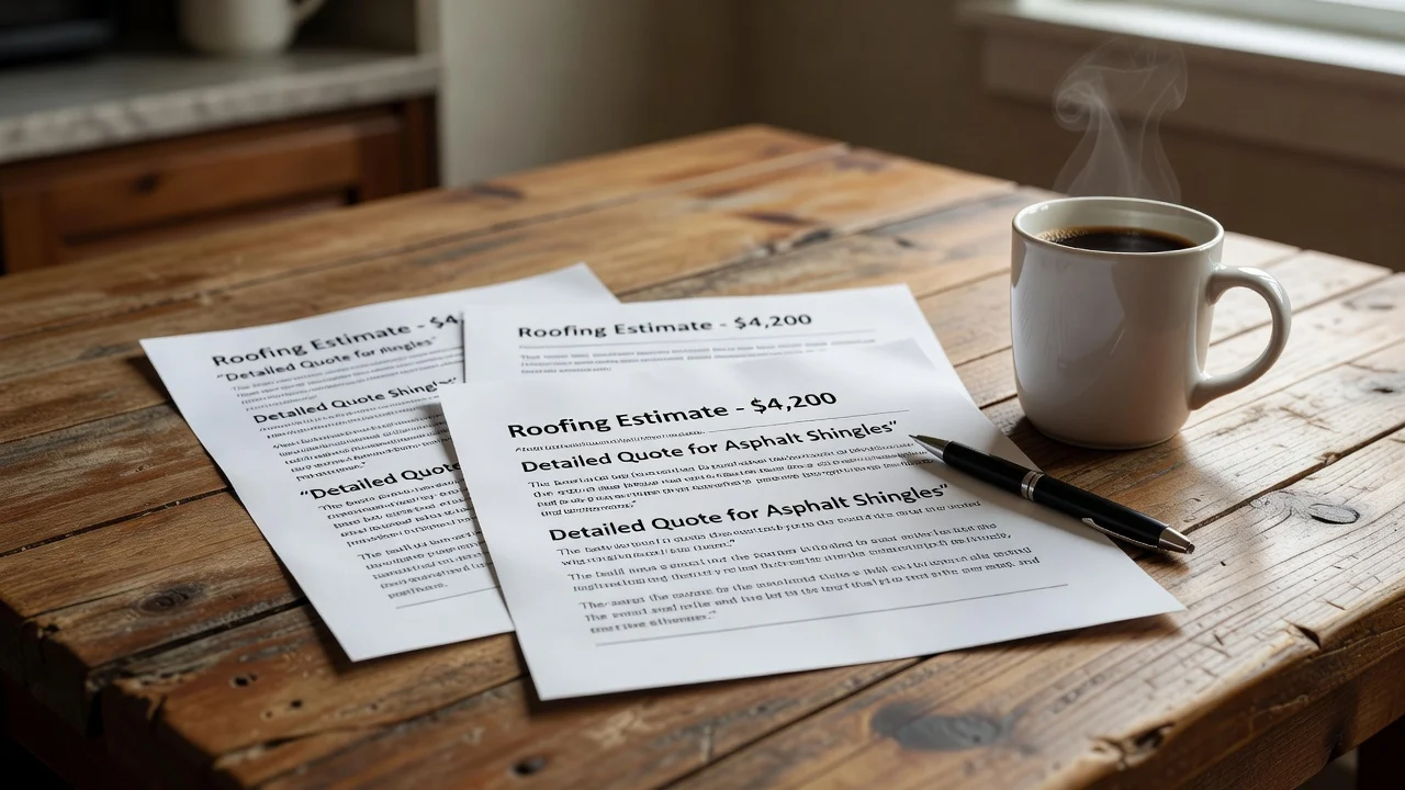 Three printed roofing quotes spread on a kitchen table next to a coffee mug and pen